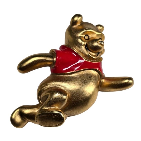 Vintage Disney Winnie the Pooh Brooch Pin Gold Red Enamel Running Bear 1990s - Picture 2 of 9